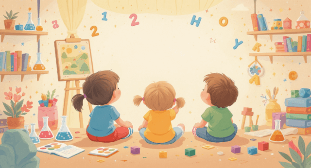 子どもたちがSTEAM教育を通じて学ぶ様子のイラスト