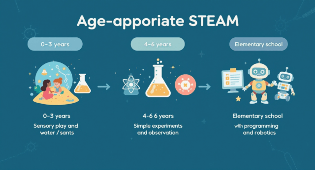 幼児期から小学生までの段階別STEAM教育内容を示す絵